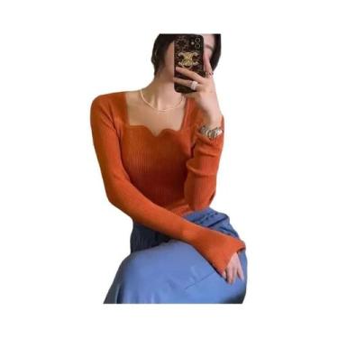 Imagem de Suéteres Femininos Vintage De Tricô Sólido, Ajuste Slim, Elegantes, Es