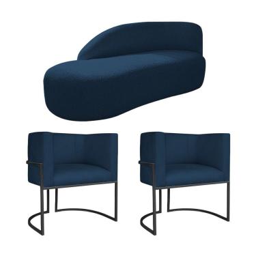 Imagem de Kit Divã Luna 185cm Lado Esquerdo E 02 Poltronas Base De Ferro Preto Suede Azul Marinho