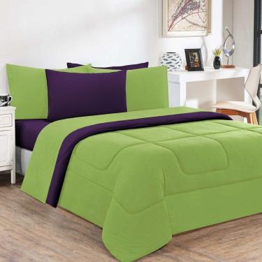 Imagem de Kit Edredom + Jogo De Lençol Malha 100% Algodão Gran Moratta 7 Peças Queen - Verde Pistache-roxo