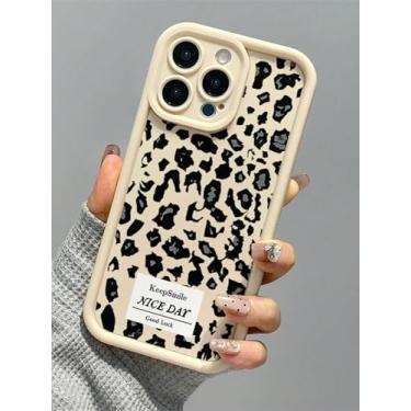 Imagem de Capa de telefone com estampa de leopardo para iPhone, bom dia, boa sorte, bege e preto, proteção da câmera (iPhone 16e, multicolorida)