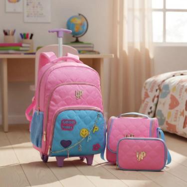 Imagem de Kit Mochila Rodinha Lancheira Estojo Box Juvenil Feminina Rosa Good Vibes Yepp-Feminino