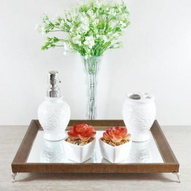 Imagem de Bandeja Espelhada lavabo banheiro "G" madeira Dourada 22x32x4cm pés de