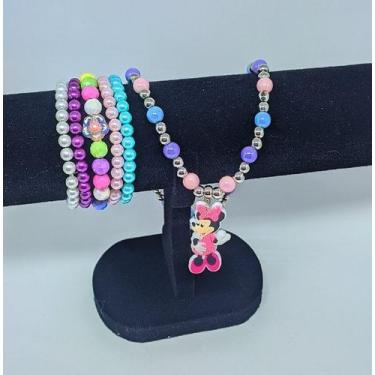 Imagem de Kit Conjunto Infantil Colar e Pulseiras Miçangas Coloridas Pingente Un