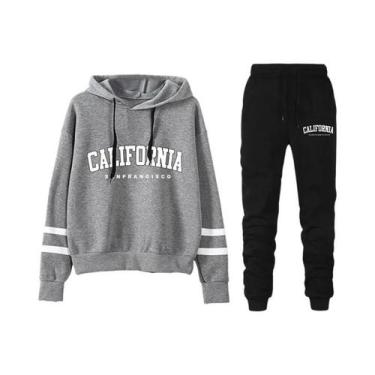 Imagem de Conjunto De Moletom Casual Feminino Com Listras, Blusa Com Capuz E Cal