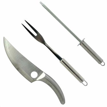 Imagem de Kit Churrasco 3 Peças Faca Garfo Chaira Aço Inox Presente