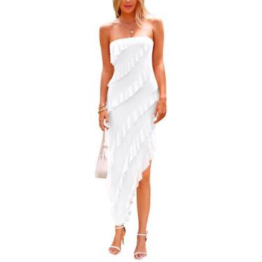 Imagem de Vestido PRETTYGARDEN 2025 Longo Branco sem alça com Babados Tamanho L