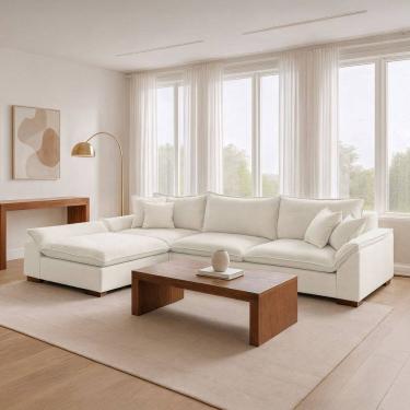 Imagem de Sofá de Canto Modulado com Chaise 6 Lugares Base em Madeira Maciça Dominique Prime Branco