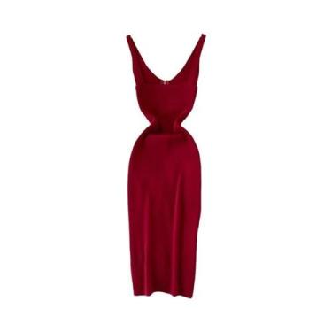 Imagem de Vestido Midi Feminino Sexy De Verão Em Tricô Com Alças, Cintura Elásti
