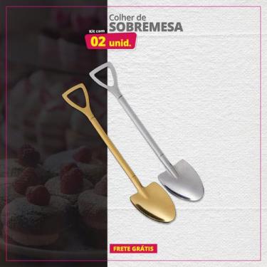Imagem de Kit 02 Colheres Sobremesa Inox Pá Redonda - Genérica, Dourado e Pratea