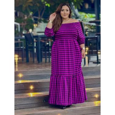 Imagem de Vestido Longo Plus Size Xadrez Ombro a Ombro Manga Inverno Moda Countr