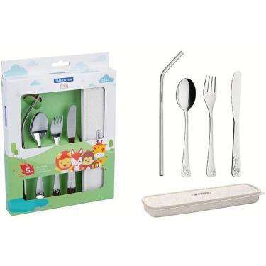 Imagem de Conjunto de Talheres Infantil Tramontina Inox 5 Peças com Estojo Fibra de Trigo