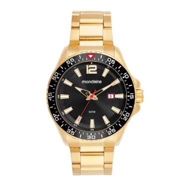 Imagem de Relógio Masculino Relógio Masculino Dourado com Mostrador Preto Analógico Aço Inox Calendário Dourado Mondaine 48MM