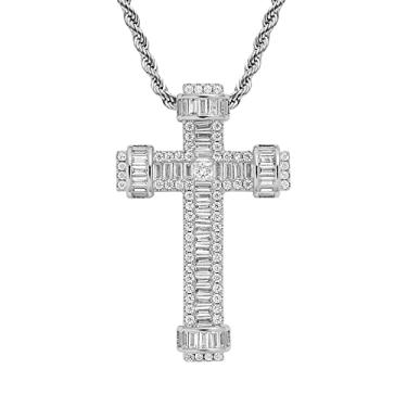 Imagem de Fantex Colar de cruz de cetro gelado 14, pingente de diamante CZ baguete com corrente de corda, joia de hip hop banhada a ouro para homens e mulheres, Latão, Zircônia cúbica