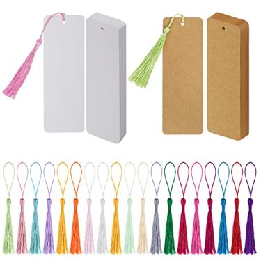 Imagem de choyaxo Marcadores de página em branco de papel kraft com 100 peças de marcadores de página de papel de borlas coloridas para projetos de arte DIY, material escolar, etiquetas de presentes 14 x 5 cm