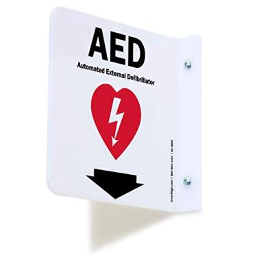 Imagem de SmartSign Sinal de projeção "AED", placa de projeção de 2 lados AED com seta para baixo, ângulo de 90° em forma de L projetando, sinal de acrílico, pré-perfurado com furos | 15,24 cm x 15,24 cm