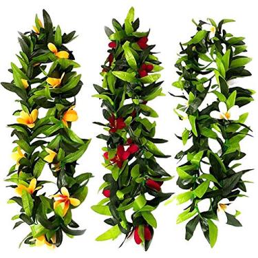 Imagem de Hawaiian Leis Tropical Hawaii Luau Leaf Leis Flor Grinalda Colar Feminino Meninas Crianças Folhas Floral Guirlanda de Dança para Formatura Casamento Férias Verão Praia Piscina Decorações Suprimentos P