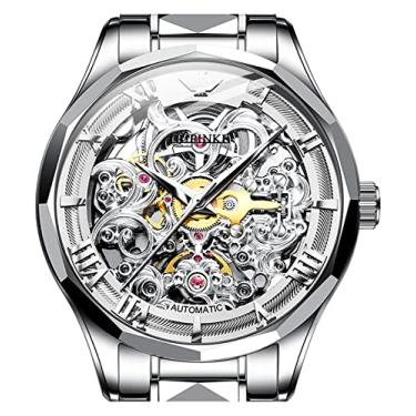 Imagem de OUPINKE Relógio masculino esqueleto, automático, mecânico, com cristal de safira, vestido de luxo, aço de tungstênio, à prova d'água, pulseira de dois tons, Relógio esqueleto automático: