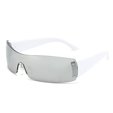 Imagem de Óculos de sol retrô de peça única sem aro, óculos de sol retangulares femininos, óculos de proteção UV400, branco prateado, tamanho único