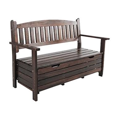Imagem de KIZQYN Banco de jardim, banco ao ar livre, varanda, banco de armazenamento carbonizado de madeira retrô para lazer ao ar livre com encosto e corrimãos para pátio, varanda, terraço, jardim, bancos externos