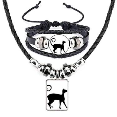Imagem de Pet Lover Conjunto de joias de couro com silhueta de animal de gato preto