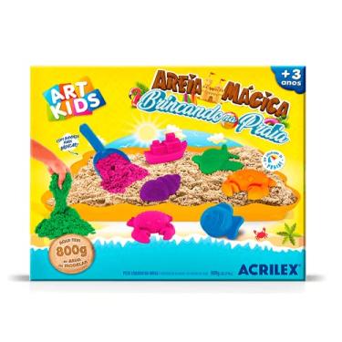Imagem de Acrilex Kit Areia Mágica Brincando Na Praia 800g Art Kids 4 Potes 9 Moldes 2 Pazinhas 1 Bandeja 3+ Anos Unissex