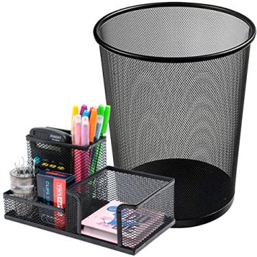 Imagem de Kit Porta Caneta E Lixeira de Metal Aramado Organizadores de Escritório Mesa Com Divisórias Para Clip Lápis Bloco de Notas Tesoura Borracha (Preto)