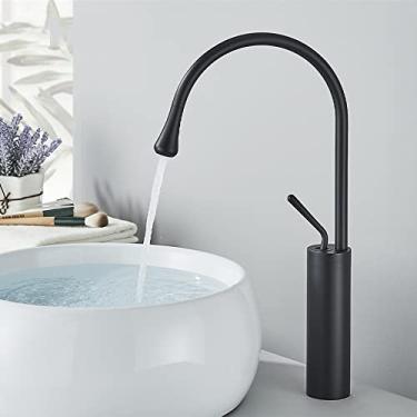 Imagem de Torneira de lavatório de banheiro ouro escovado bico de alavanca única torneira misturadora de água quente e fria, preto fosco alto, tamanho único