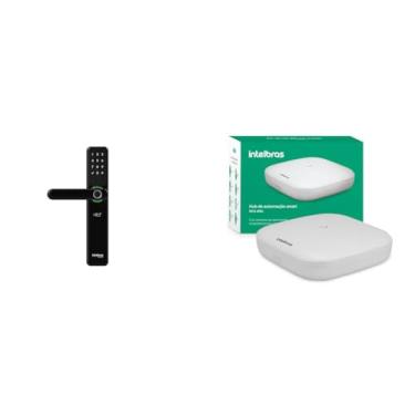 Imagem de Fechadura Inteligente de Embutir com Maçaneta MFR 7000 Preto Intelbras + Central de Automação Inteligente Residencial MCA 1001 Branco Intelbras