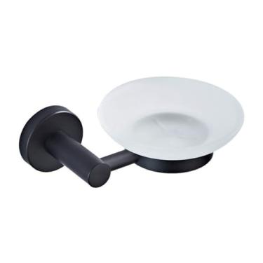 Imagem de Acessório de banho preto fosco, rack de barra de toalha de latão com cabide, suporte de rolo de papel higiênico, gancho de robe, secador de cabelo, prateleira de banheiro, saboneteira redonda