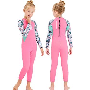 Imagem de ILAVSUN Roupa de mergulho infantil menina – 2,5 mm neoprene corpo inteiro termal molhado manga longa maiô uma peça zíper traseiro mantém aquecido para mergulho, mergulho, snorkel, natação, surfe, esportes aquáticos frios, GG rosa