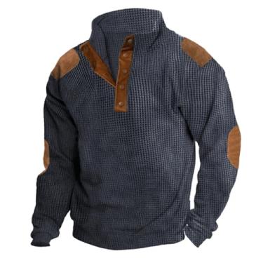 Imagem de JMMSlmax Suéter masculino casual elegante outono vintage remendo cotovelo veludo cotelê jaqueta camisa Henley camisas ocidentais, A7 - azul, P