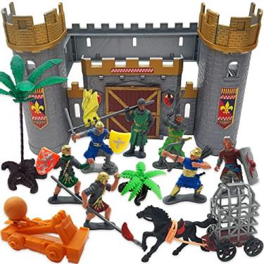Imagem de ArtCreativity Medieval Castle Knights Playset for Kids, 27-Piece Deluxe Action Figure Play Set with Storage Bucket, Assembly Castle, 6 Knight Action Figures, Horse Drawn Carriage, Catapult, and More