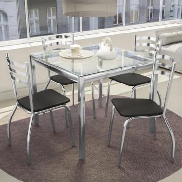 Imagem de Kit Conjunto Mesa Quadrada 4 Cadeiras 90 x 90 cm Sala de Jantar Cozinha Vidro Metal Cromado Preto
