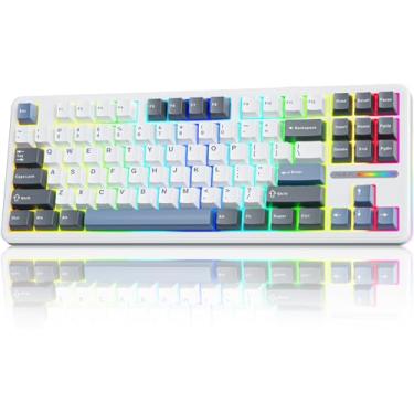 Imagem de AULA Teclado sem fio, teclado mecânico F87, personalizado, 2,4 GHz/Tipo-C/Bluetooth Gaming, estrutura da junta interruptores lineares de madeira cinza RGB retroiluminados para WINS/PC/Mac