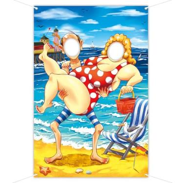 Imagem de Fundo de rosto de festa na praia, 1 x 1,5 m, recortes de rosto à beira-mar, homem magro carregando um fundo de fotografia de festa feminina gordinha, decoração de festa na praia de verão, adereços