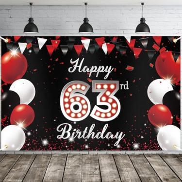 Imagem de JOYKY Banner de feliz aniversário de 63 anos, decorações de festa vermelhas e pretas para homens e mulheres, suprimentos de decoração de pano de fundo de 63 anos, 15 x 9 metros