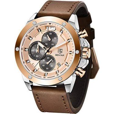 Imagem de Relógio cronógrafo masculino analógico BENYAR com pulseira de couro BY