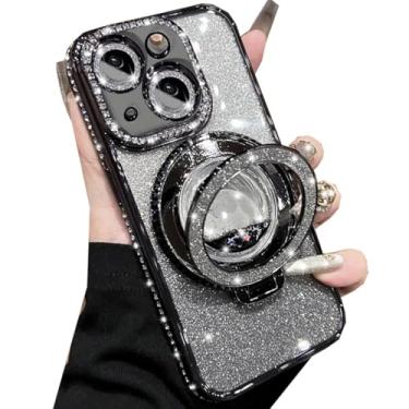 Imagem de Changjia Capa com suporte de glitter para iPhone 14, luxuosa, brilhante, diamante, strass, com protetor de lente de câmera, anel de fluxo líquido, suporte de TPU (poliuretano termoplástico), fina,