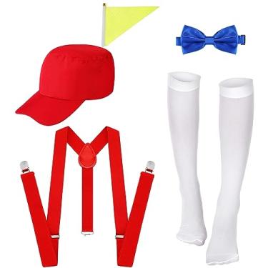 Imagem de Yahenda 4 peças de fantasia de nerd de Halloween chapéu nerd vermelho com bandeira ajustável elástico em Y estilo suspensórios, gravata borboleta azul, conjunto de meias de palhaço, roupa de