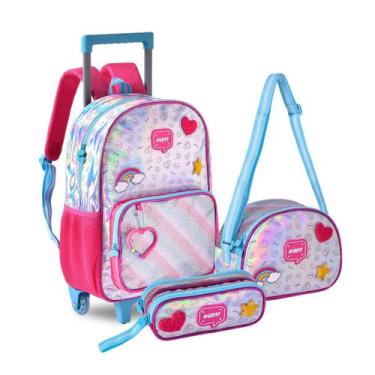 Imagem de Kit Mochila Holográfica de Rodinha Escolar Unicórnio + Lancheira e Est