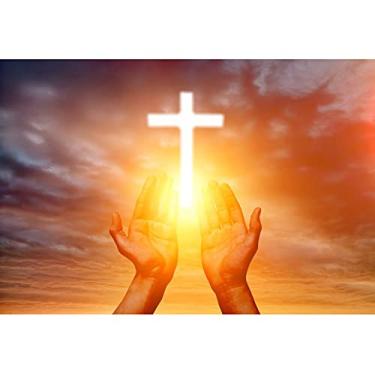 Imagem de OERJU 2,7 x 1,8 m de fundo brilhante cruz céu céu mãos abençoe a cruz fundo de fotografia louvor igreja cristã imagens Jesus Deus abençoe pano de fundo vinil photoshoot adereços papel de parede