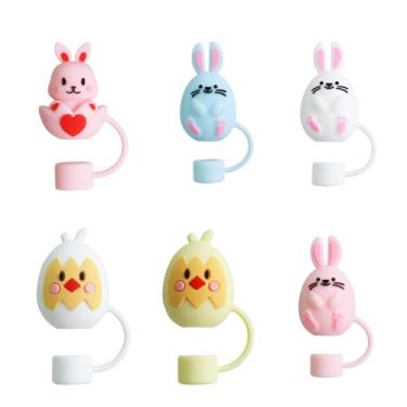 Imagem de Hofar 6 peças de tampa de palha de páscoa para copo Stanley de 850 g/1,134 g, 10 mm reutilizável fofo coelho ovo bebendo canudo acessórios, plugues protetores portáteis presentes para lembrancinhas de