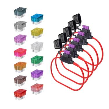 Imagem de Fusível de calibre 10 ATC/ATO, SIM&NAT 5 pacotes de fusíveis de lâmina automotiva em linha com 65 peças de fusíveis padrão do carro, 1A, 2A, 3A, 4A, 5A, 7,5A, 10A, 15A, 20A, 25A, 30A, 35A, 40A, fusíveis de substituição automotivos