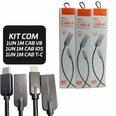 Imagem de Kit 3 Cabos de Dados Revestido em Aço 1=V8 1=T-C  1= Lightning/Iphone 