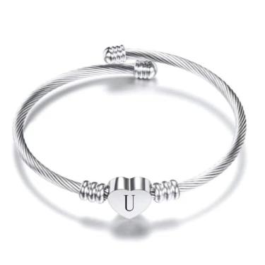 Imagem de BlingNuts Pulseira de prata com iniciais de coração de aço inoxidável A-Z gravada joia feminina para aniversário e Natal, F, Aço inoxidável, Sem Pedra Preciosa