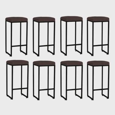 Imagem de Kit 08 Banqueta Alta Lara Para Cozinha Bar Balcão Bistrô Churrasqueira Ferro Preto Tecido Sintético Marrom - Ahz Móveis