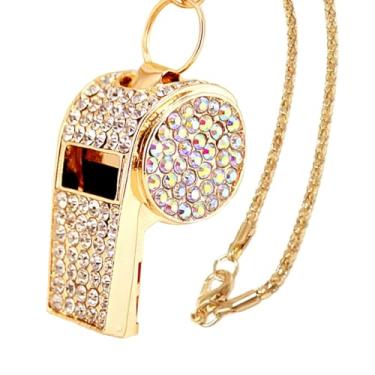 Imagem de TRBSXRT Apito de strass de cristal brilhante para treinadores - Apito esportivo com corrente, apito de metal com glitter para treinadores, árbitros e oficiais (Glod)