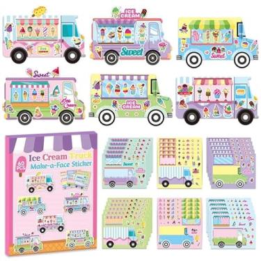 Imagem de CY2SIDE Adesivo de rosto de caminhão de sorvete - 60 peças cena de carrinho de sorvete de verão faça uma folha de adesivos para crianças Faça sua própria cena de loja de caminhão de sobremesa com