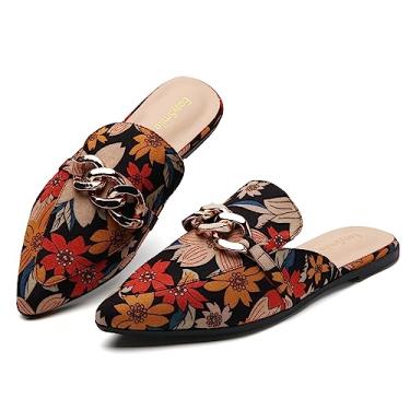 Imagem de EasySmile Metal Chain Decor Flat Mules para mulheres fechado bico fino slip on loafers Slide Backless Mules Shoes, Corrente de metal - floral, 8