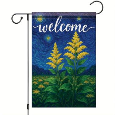 Imagem de Starlit Patio Bandeira de jardim noite estrelada primavera verão 30,5 x 45,7 cm dupla face céu amarelo flores silvestres bandeira quintal decoração de gramado ao ar livre banner de quintal para